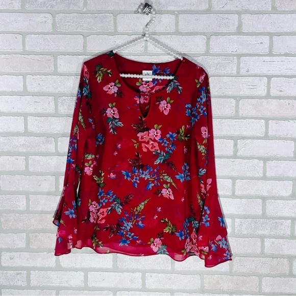 CAbi Style 3590 Devoted Red Floral Print Bell Sleeve Blouse Size M - Picture 5 of 10